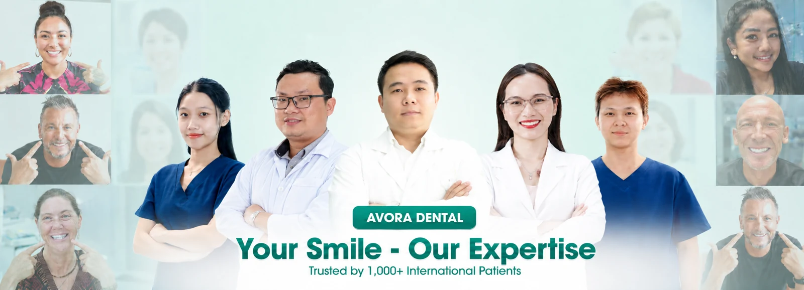 Avora Dental team with Dr. Pham Trung Hieu in the centre, Dr. Tran Nguyen on the left and Dr. Ka My on the right